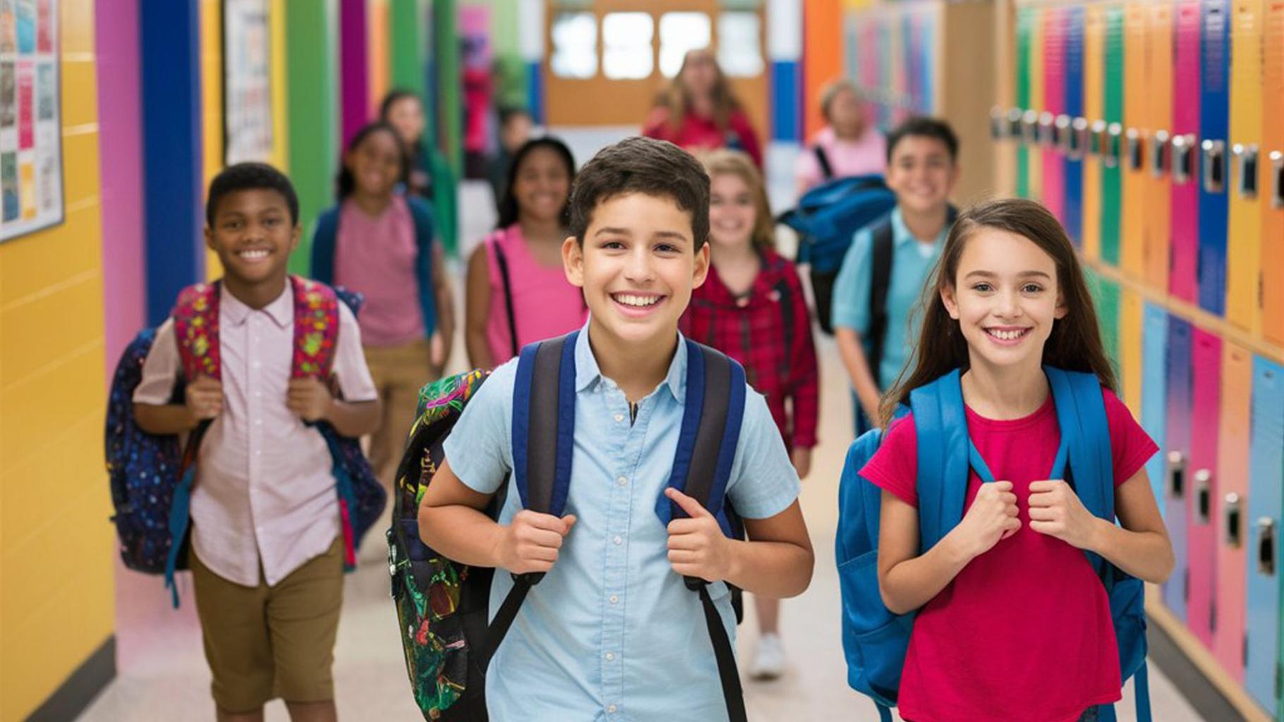 Children engaging in an educational environment as they happily walk down a school hallway. This image highlights student interaction and activity.